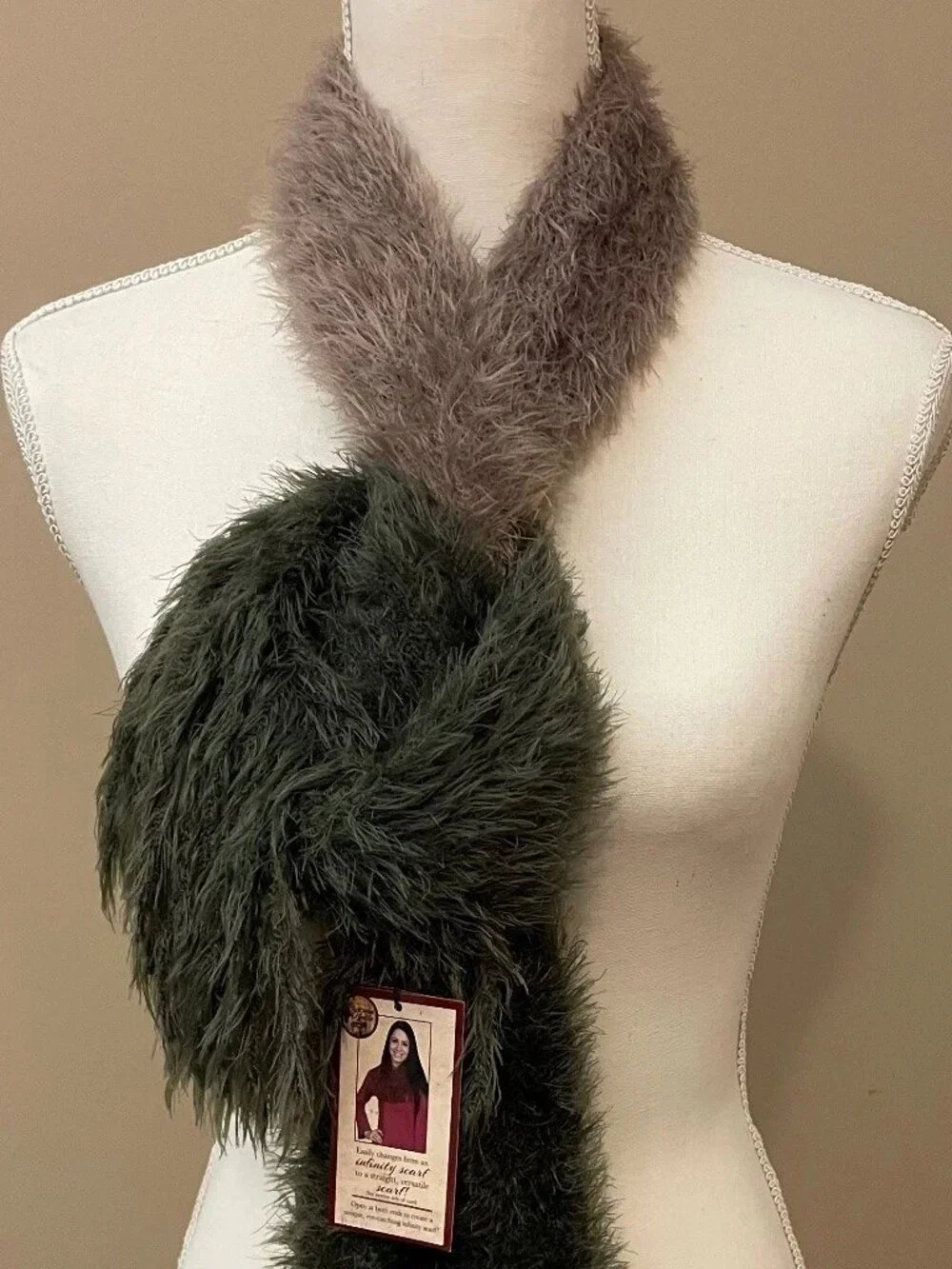 Chateau Noelle Infinity Scarf Green Brown Stretch Knit Convertible Loop NWT